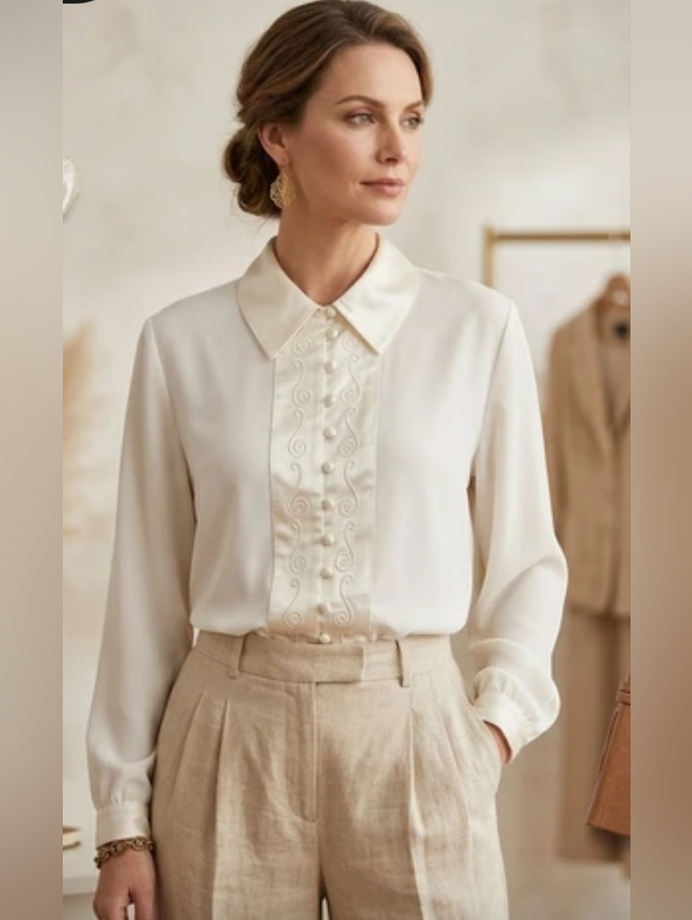Jessica Vintage 90's White Button Up Blouse With Embroidered Satin Placket 16